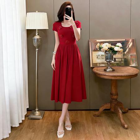 BY13692# 玫瑰曲立体花朵U领收腰大摆长裙夏法式复古显瘦连衣裙  服裝批發女裝批發服飾貨源