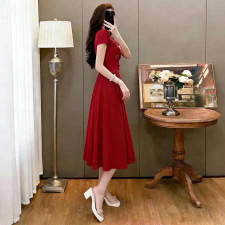 BY13692# 玫瑰曲立体花朵U领收腰大摆长裙夏法式复古显瘦连衣裙  服裝批發女裝批發服飾貨源