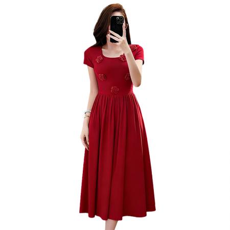 BY13692# 玫瑰曲立体花朵U领收腰大摆长裙夏法式复古显瘦连衣裙  服裝批發女裝批發服飾貨源