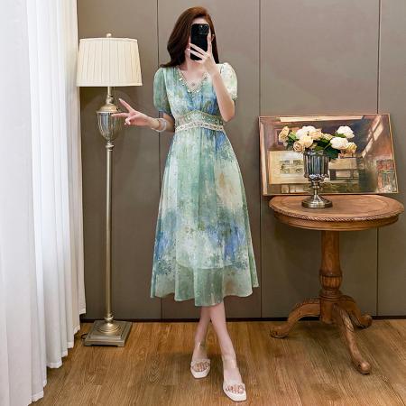 BY13694# 蓝绿色艺术晕染连衣裙女夏新款波西米亚海边度假印花裙子  服裝批發女裝批發服飾貨源