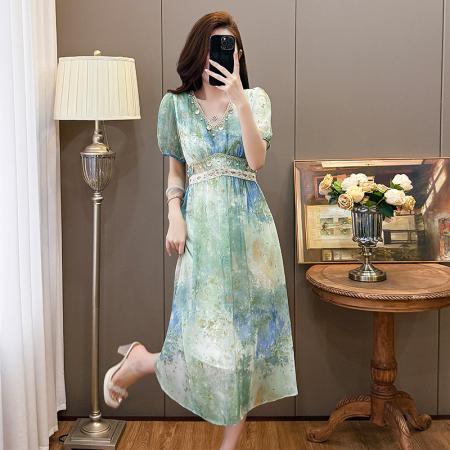 BY13694# 蓝绿色艺术晕染连衣裙女夏新款波西米亚海边度假印花裙子  服裝批發女裝批發服飾貨源