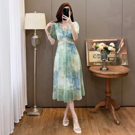 BY13694# 蓝绿色艺术晕染连衣裙女夏新款波西米亚海边度假印花裙子  服裝批發女裝批發服飾貨源