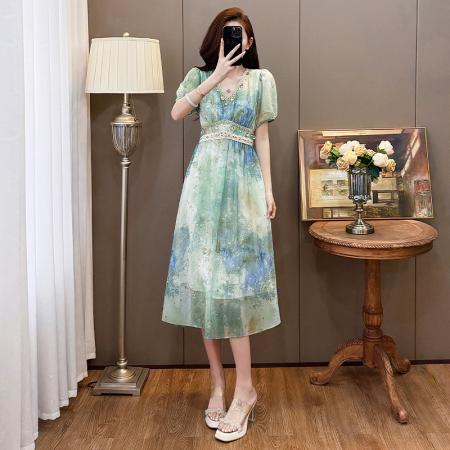 BY13694# 蓝绿色艺术晕染连衣裙女夏新款波西米亚海边度假印花裙子  服裝批發女裝批發服飾貨源