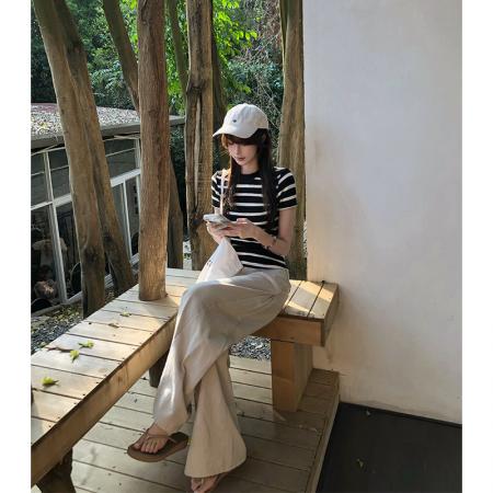 BY13701# 轻奢美式复古正肩上衣女夏休闲圆领条纹短袖辣妹修身显瘦T恤  服裝批發女裝批發服飾貨源