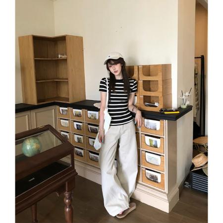 BY13701# 轻奢美式复古正肩上衣女夏休闲圆领条纹短袖辣妹修身显瘦T恤  服裝批發女裝批發服飾貨源