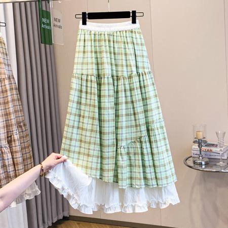 BY13705# 大码女装春夏新款胖mm森女系清新甜美设计感双层荷叶边半身裙  服裝批發女裝批發服飾貨源