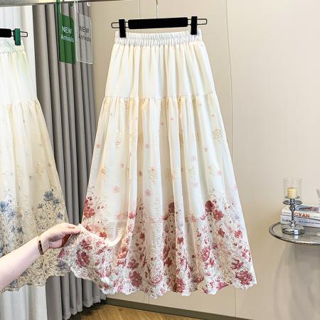 BY13706# 大码女装春夏新款胖mm气质国风花朵刺绣遮肚显瘦A字半身裙子  服裝批發女裝批發服飾貨源