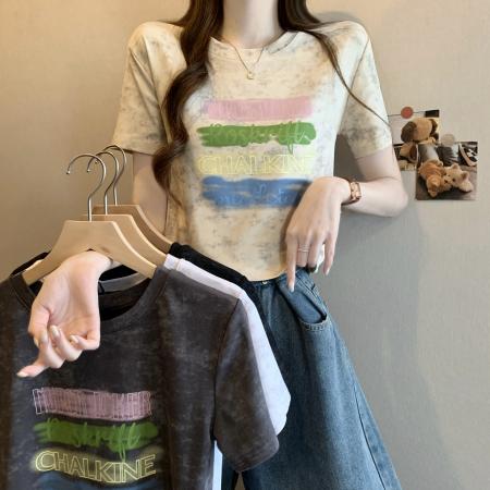 BY13707# 新版美式复古扎染印花设计感短袖T恤  服裝批發女裝批發服飾貨源