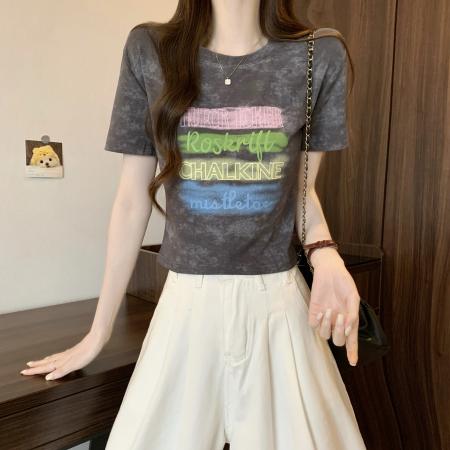 BY13707# 新版美式复古扎染印花设计感短袖T恤  服裝批發女裝批發服飾貨源
