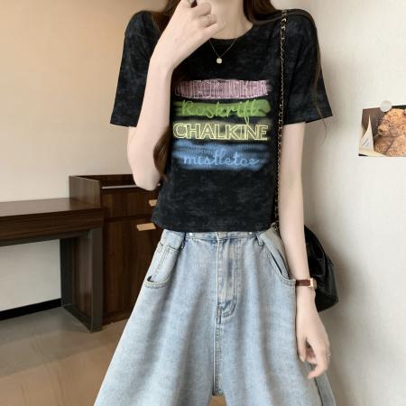 BY13707# 新版美式复古扎染印花设计感短袖T恤  服裝批發女裝批發服飾貨源