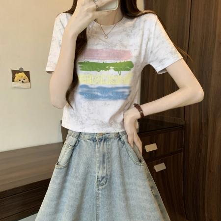 BY13707# 新版美式复古扎染印花设计感短袖T恤  服裝批發女裝批發服飾貨源