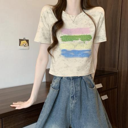 BY13707# 新版美式复古扎染印花设计感短袖T恤  服裝批發女裝批發服飾貨源