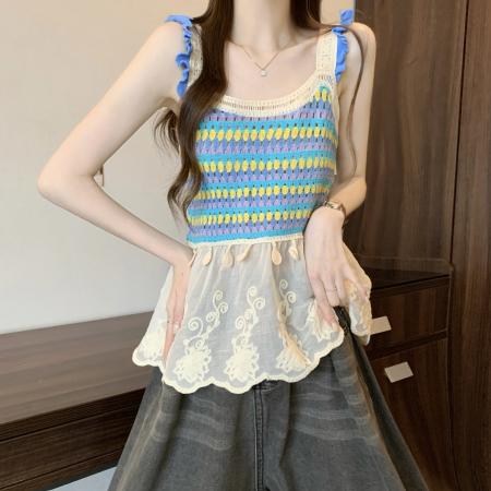 BY13708# 新版韩风设计感钩花镂空拼接背心针织衫  服裝批發女裝批發服飾貨源