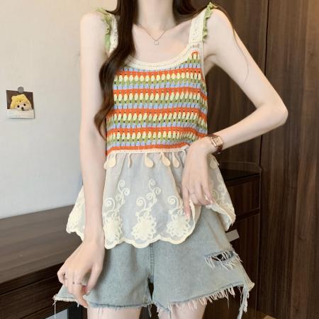 BY13708# 新版韩风设计感钩花镂空拼接背心针织衫  服裝批發女裝批發服飾貨源