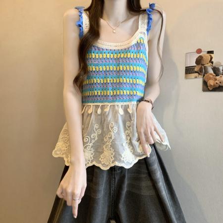 BY13708# 新版韩风设计感钩花镂空拼接背心针织衫  服裝批發女裝批發服飾貨源