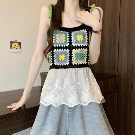 BY13709# 新版韩风设计感钩花镂空拼接背心针织衫  服裝批發女裝批發服飾貨源