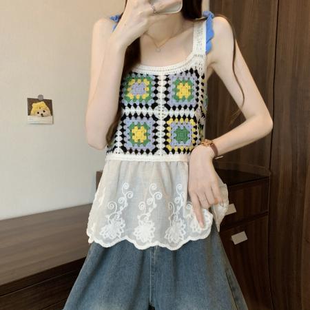 BY13709# 新版韩风设计感钩花镂空拼接背心针织衫  服裝批發女裝批發服飾貨源