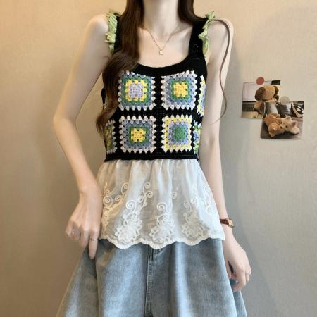 BY13709# 新版韩风设计感钩花镂空拼接背心针织衫  服裝批發女裝批發服飾貨源