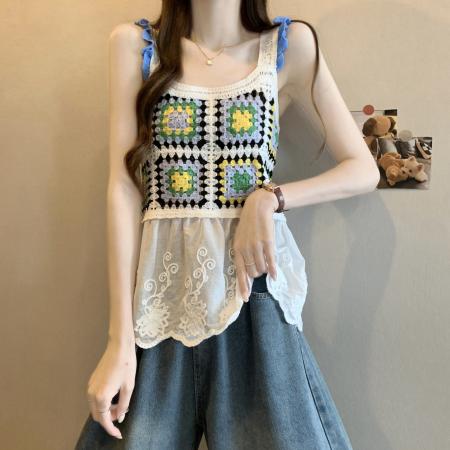 BY13709# 新版韩风设计感钩花镂空拼接背心针织衫  服裝批發女裝批發服飾貨源