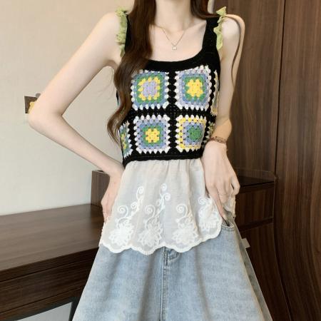 BY13709# 新版韩风设计感钩花镂空拼接背心针织衫  服裝批發女裝批發服飾貨源