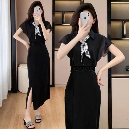 BY13710# 夏季新款赫本风高端气质时尚遮肚显瘦洋气减龄中长款连衣裙女  服裝批發女裝批發服飾貨源