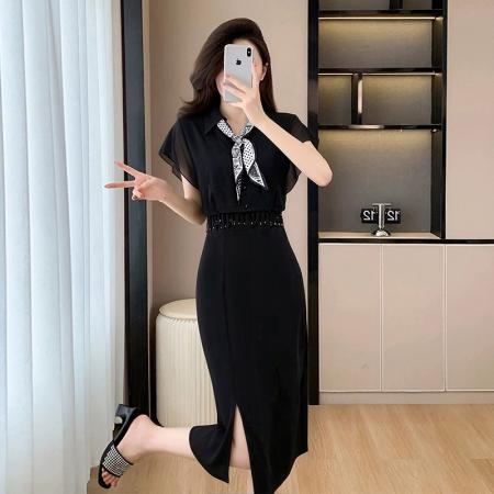 BY13710# 夏季新款赫本风高端气质时尚遮肚显瘦洋气减龄中长款连衣裙女  服裝批發女裝批發服飾貨源