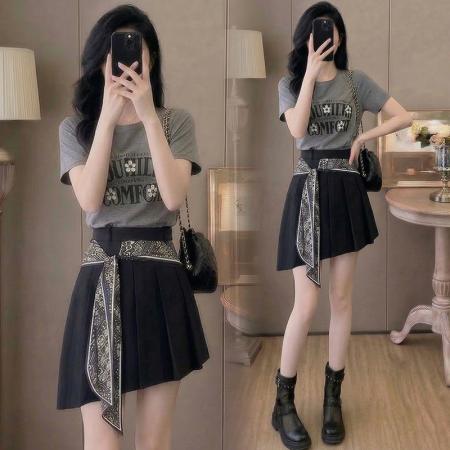 BY13711# 夏季新款旷野风眠莱赛尔薄款短袖+飘带不规则百褶裙两件套女  服裝批發女裝批發服飾貨源