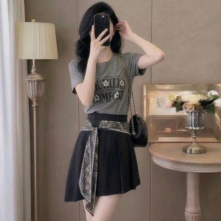 BY13711# 夏季新款旷野风眠莱赛尔薄款短袖+飘带不规则百褶裙两件套女  服裝批發女裝批發服飾貨源