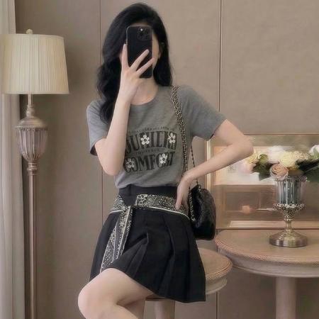 BY13711# 夏季新款旷野风眠莱赛尔薄款短袖+飘带不规则百褶裙两件套女  服裝批發女裝批發服飾貨源