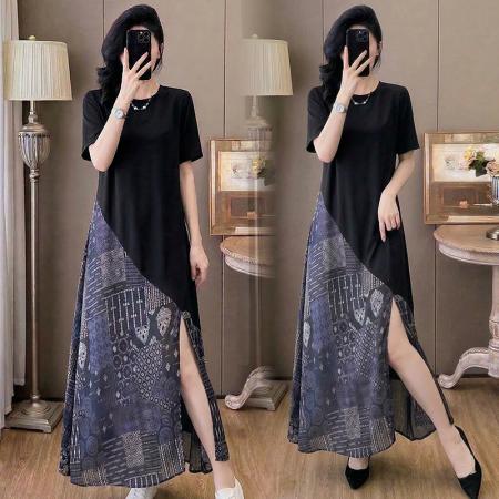 BY13713# 夏季新款法式轻奢时尚高端印花拼接名族风中长款显瘦连衣裙女  服裝批發女裝批發服飾貨源