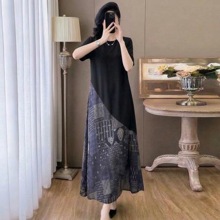 BY13713# 夏季新款法式轻奢时尚高端印花拼接名族风中长款显瘦连衣裙女  服裝批發女裝批發服飾貨源