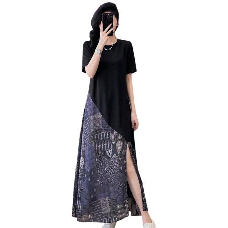 BY13713# 夏季新款法式轻奢时尚高端印花拼接名族风中长款显瘦连衣裙女  服裝批發女裝批發服飾貨源