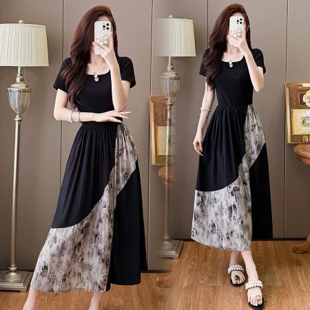 BY13714# 夏季新款中式国风拼接时尚显瘦中长款A版连衣裙女  服裝批發女裝批發服飾貨源