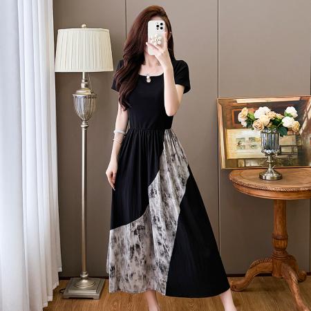 BY13714# 夏季新款中式国风拼接时尚显瘦中长款A版连衣裙女  服裝批發女裝批發服飾貨源