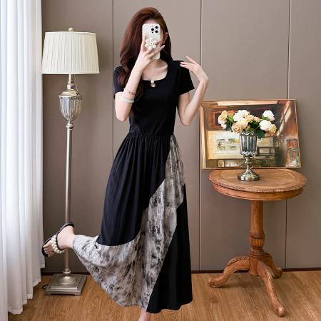 BY13714# 夏季新款中式国风拼接时尚显瘦中长款A版连衣裙女  服裝批發女裝批發服飾貨源