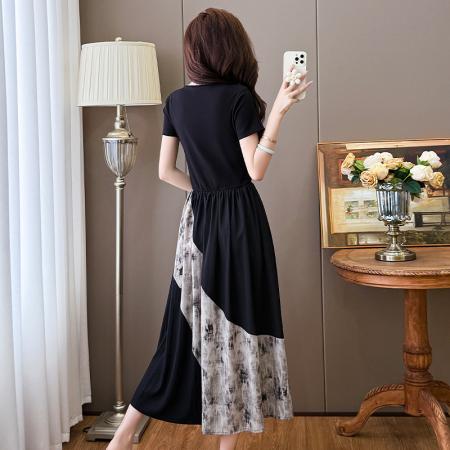 BY13714# 夏季新款中式国风拼接时尚显瘦中长款A版连衣裙女  服裝批發女裝批發服飾貨源