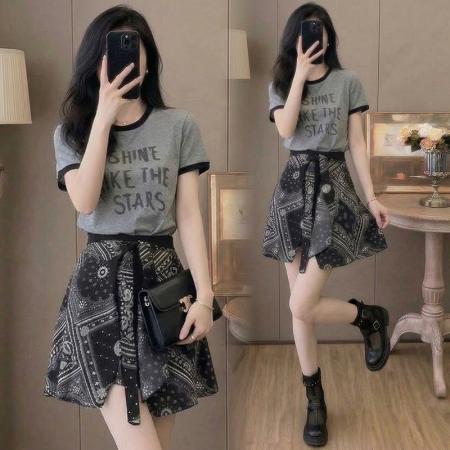 BY13715# 夏季新款美式复古炸街套装女潮流百搭上衣阔腿裙裤两件套潮  服裝批發女裝批發服飾貨源