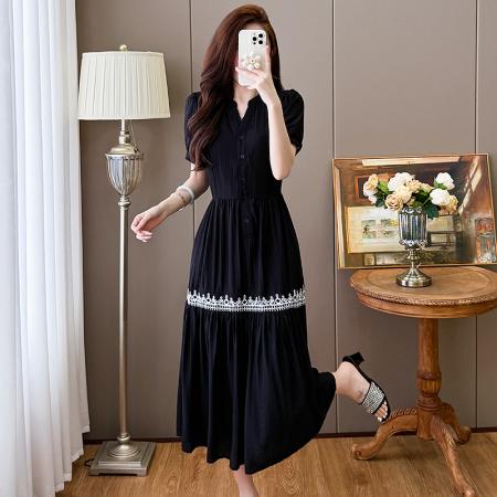 BY13716# 夏季新款复古刺绣休闲显瘦中长款连衣裙女  服裝批發女裝批發服飾貨源