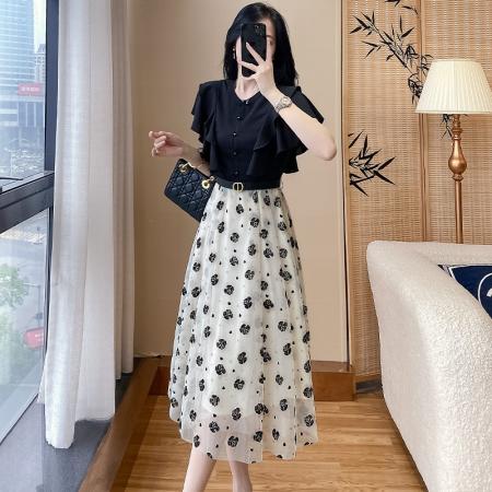 BY13717# 夏季新款高级感网纱连衣裙女假两件收腰显瘦长款a字裙  服裝批發女裝批發服飾貨源