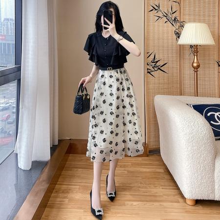 BY13717# 夏季新款高级感网纱连衣裙女假两件收腰显瘦长款a字裙  服裝批發女裝批發服飾貨源