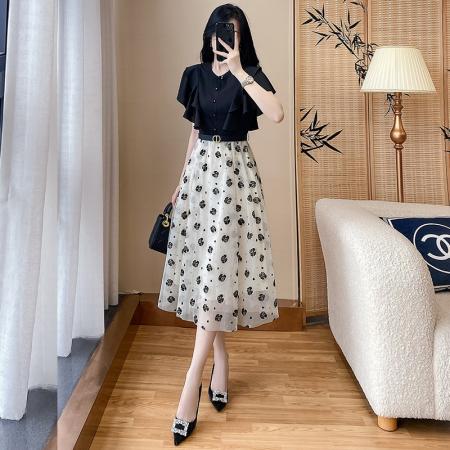 BY13717# 夏季新款高级感网纱连衣裙女假两件收腰显瘦长款a字裙  服裝批發女裝批發服飾貨源