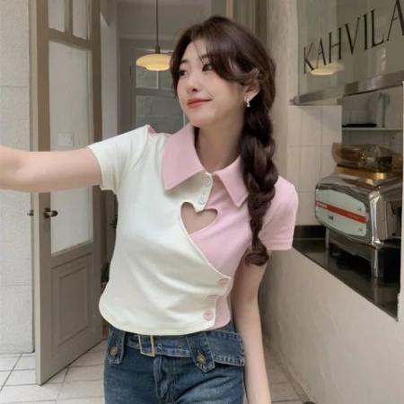 BY13718# 镂空t恤女露腰polo领辣妹短上衣  服裝批發女裝批發服飾貨源