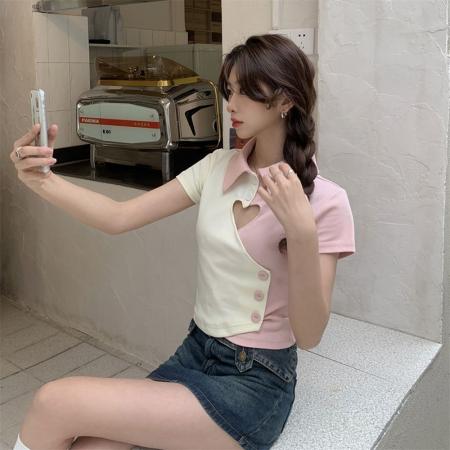 BY13718# 镂空t恤女露腰polo领辣妹短上衣  服裝批發女裝批發服飾貨源