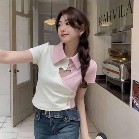 BY13718# 镂空t恤女露腰polo领辣妹短上衣  服裝批發女裝批發服飾貨源