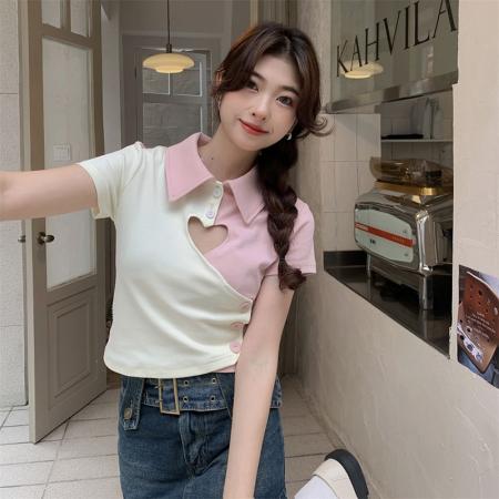 BY13718# 镂空t恤女露腰polo领辣妹短上衣  服裝批發女裝批發服飾貨源