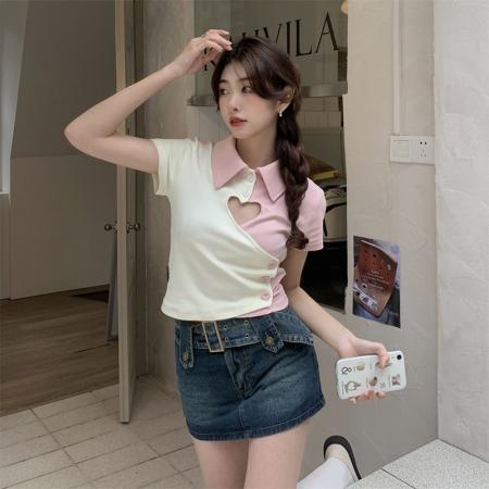 BY13718# 镂空t恤女露腰polo领辣妹短上衣  服裝批發女裝批發服飾貨源