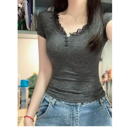 BY13719# 黑色蕾丝拼接蝴蝶结短袖T恤女显瘦短款假两件上衣  服裝批發女裝批發服飾貨源