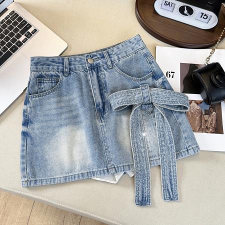 BY13720# 原创韩版设计感烫钻绑带蝴蝶结牛仔裙女高腰A字显瘦包臀短裙  服裝批發女裝批發服飾貨源