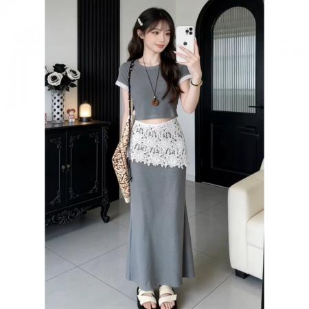BY13721# 法式高级感灰色连衣裙子女夏季新款独特绝美漂亮套装包臀长裙  服裝批發女裝批發服飾貨源