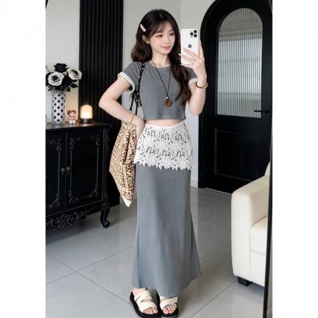 BY13721# 法式高级感灰色连衣裙子女夏季新款独特绝美漂亮套装包臀长裙  服裝批發女裝批發服飾貨源